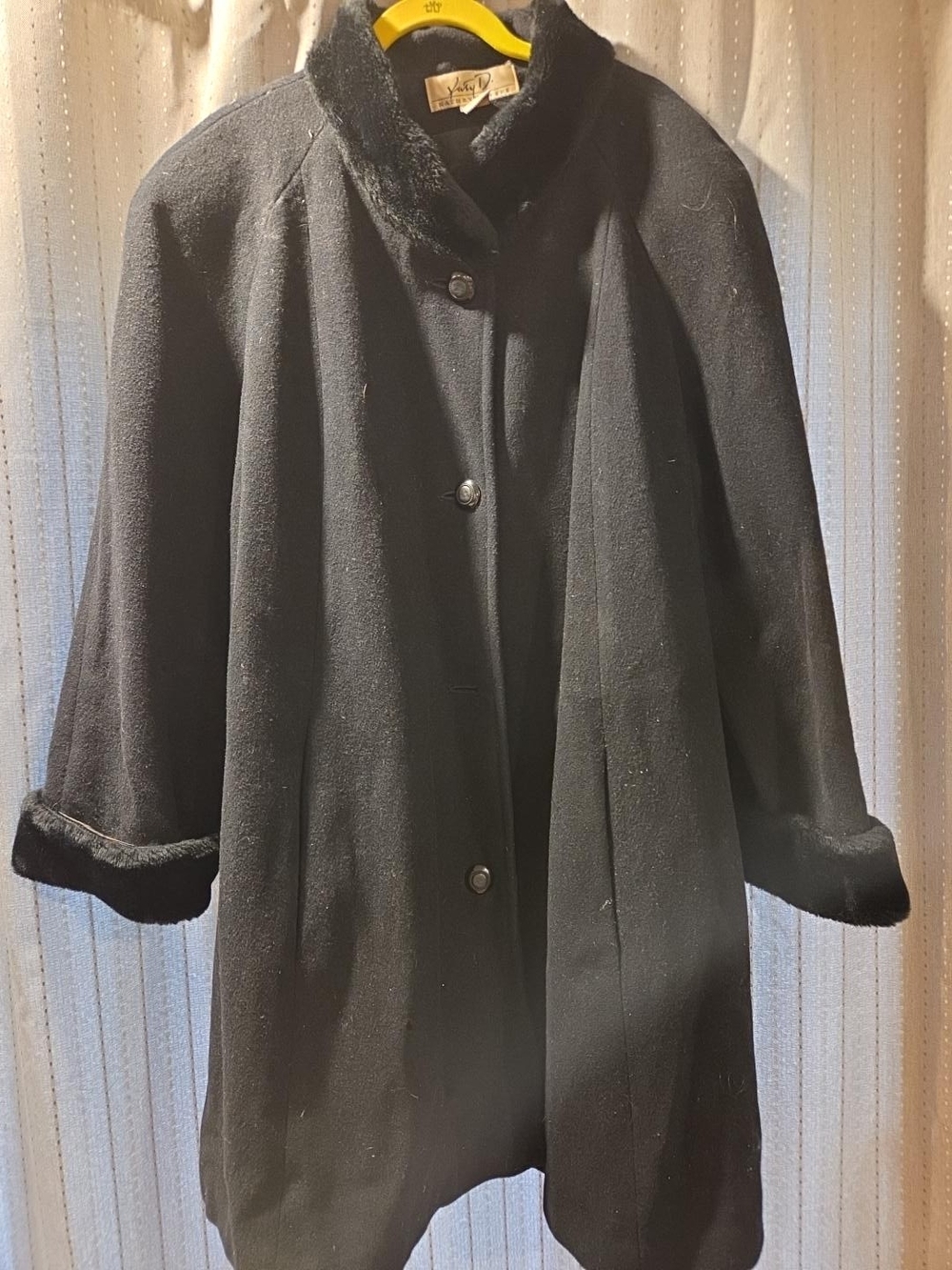 Vintage Kathryn D Wool Blend Black Swing Coat Faux Fur Trim Plus 22/24 USA